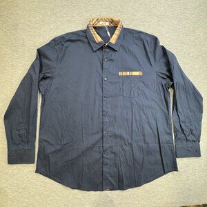 Coofandy Mens Size XXL Shirt Navy Blue Tan Plaid Trim Button-Up Long Sleeve NWT